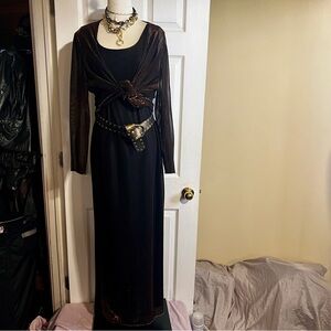 Vintage Peanut Fashions Wms Copper Metallic Sheer Mesh 2Pc Maxi Dress Top Set XL